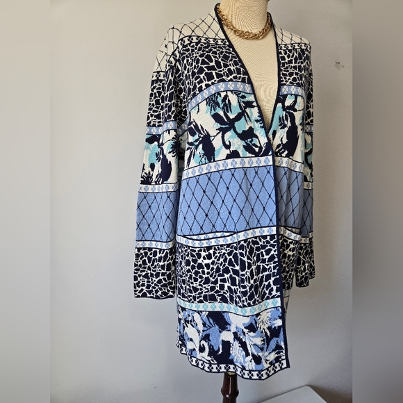 OLSEN Blue And Cream Heavyweight Cotton Blend Patterned Long Cardigan. Size 12 - Picture 3 of 15